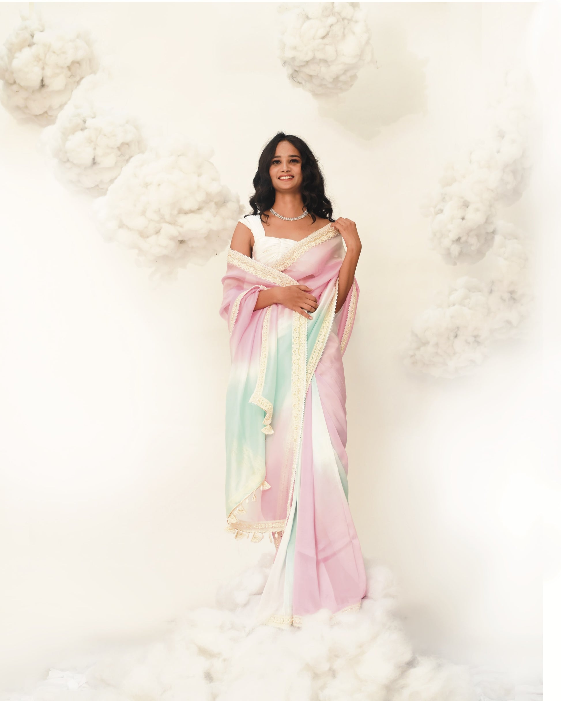 PURN PUSHP COTTON CANDY OMBRE PINK BLUE DESIGNER SAREE