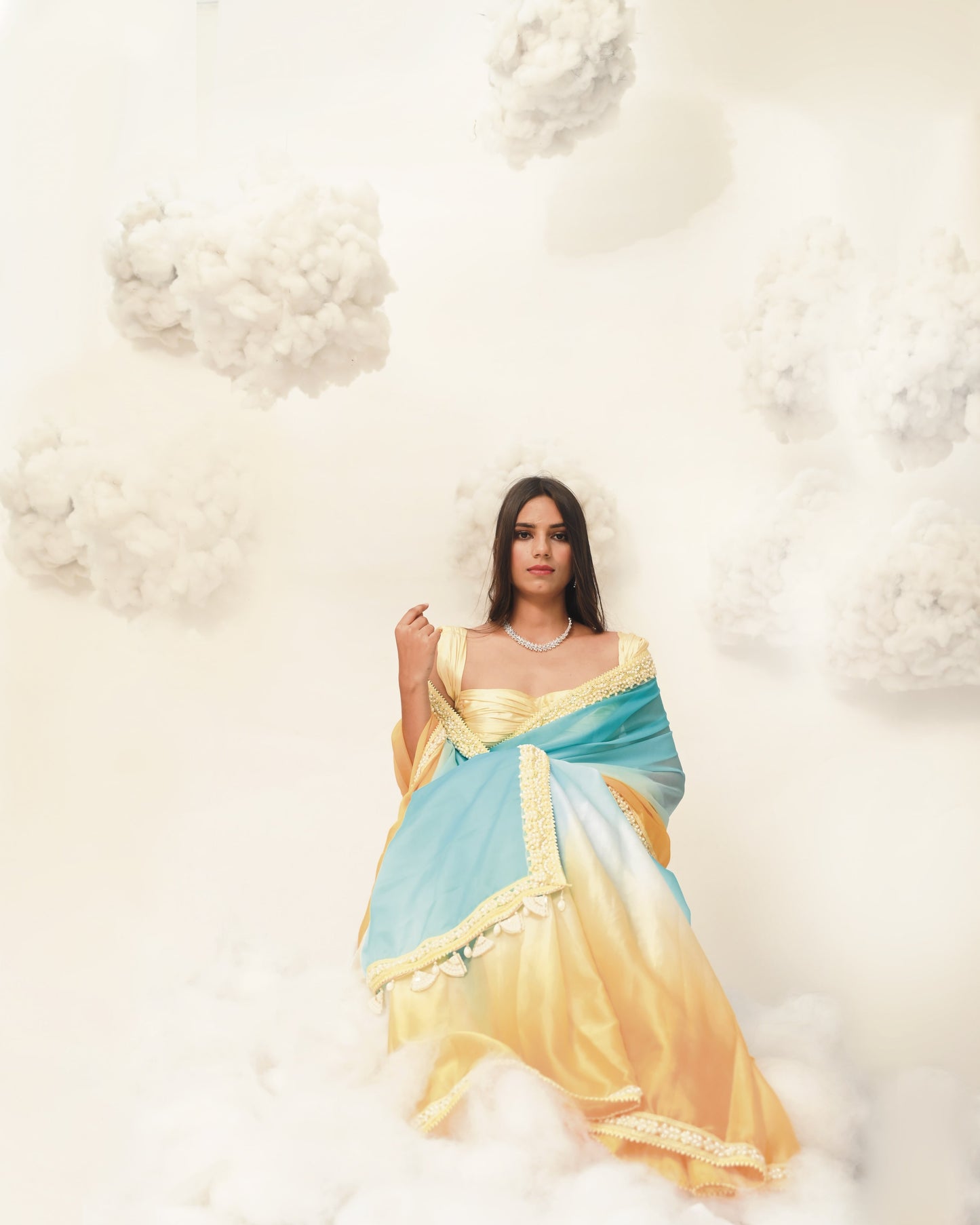 PURN PUSHP COTTON CANDY OMBRE YELLOW BLUE DIP DYE DESIGNER SAREE