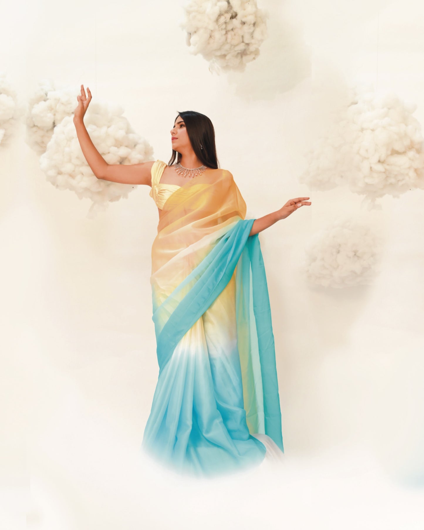 PURN PUSHP COTTON CANDY OMBRE YELLOW BLUE DIP DYE DESIGNER SAREE