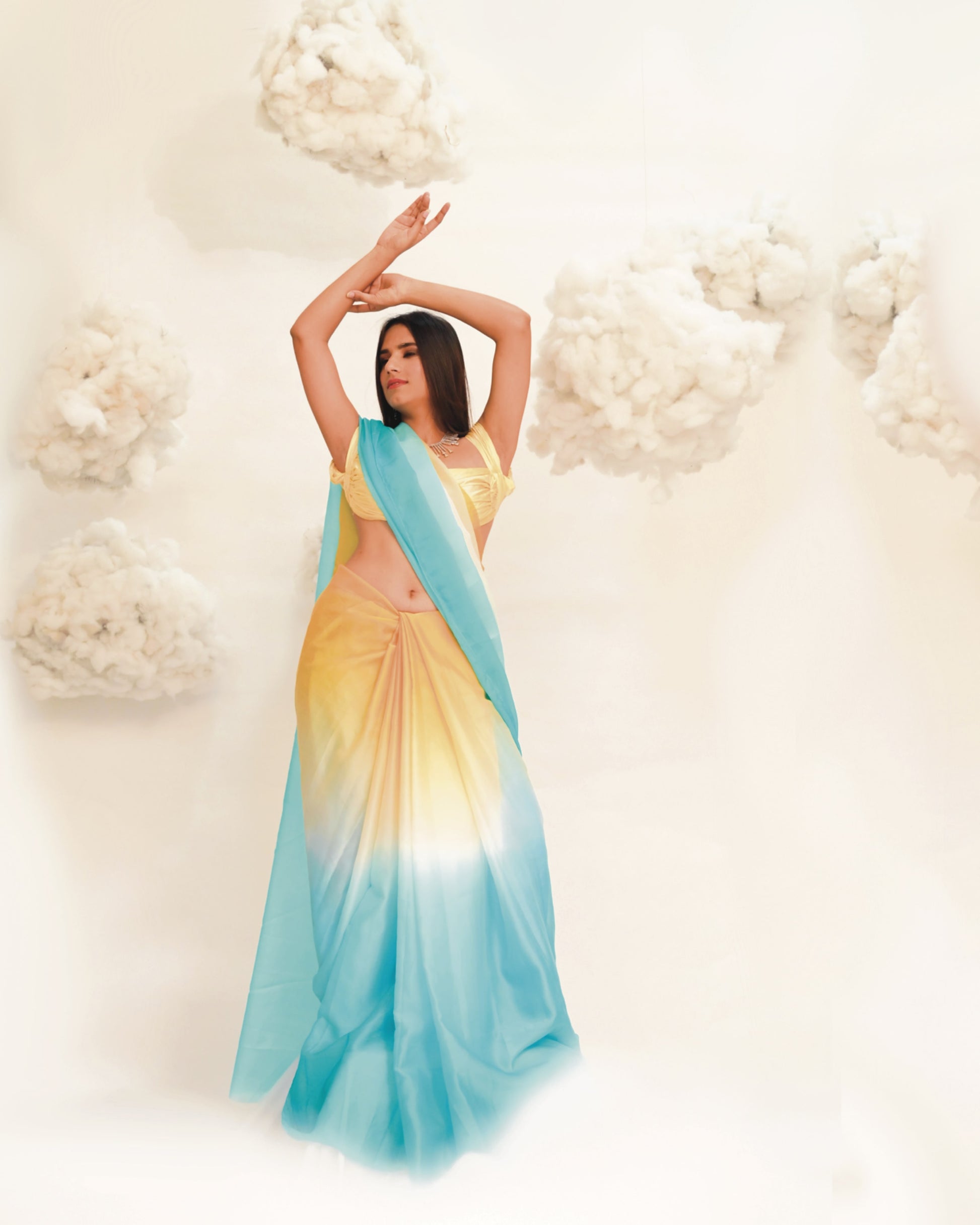 PURN PUSHP COTTON CANDY OMBRE YELLOW BLUE DIP DYE DESIGNER SAREE