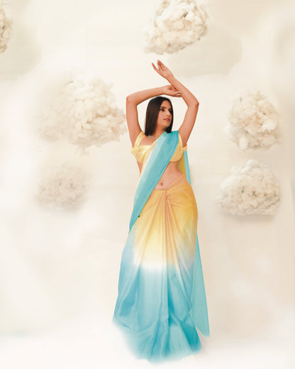 PURN PUSHP COTTON CANDY OMBRE YELLOW BLUE DIP DYE DESIGNER SAREE