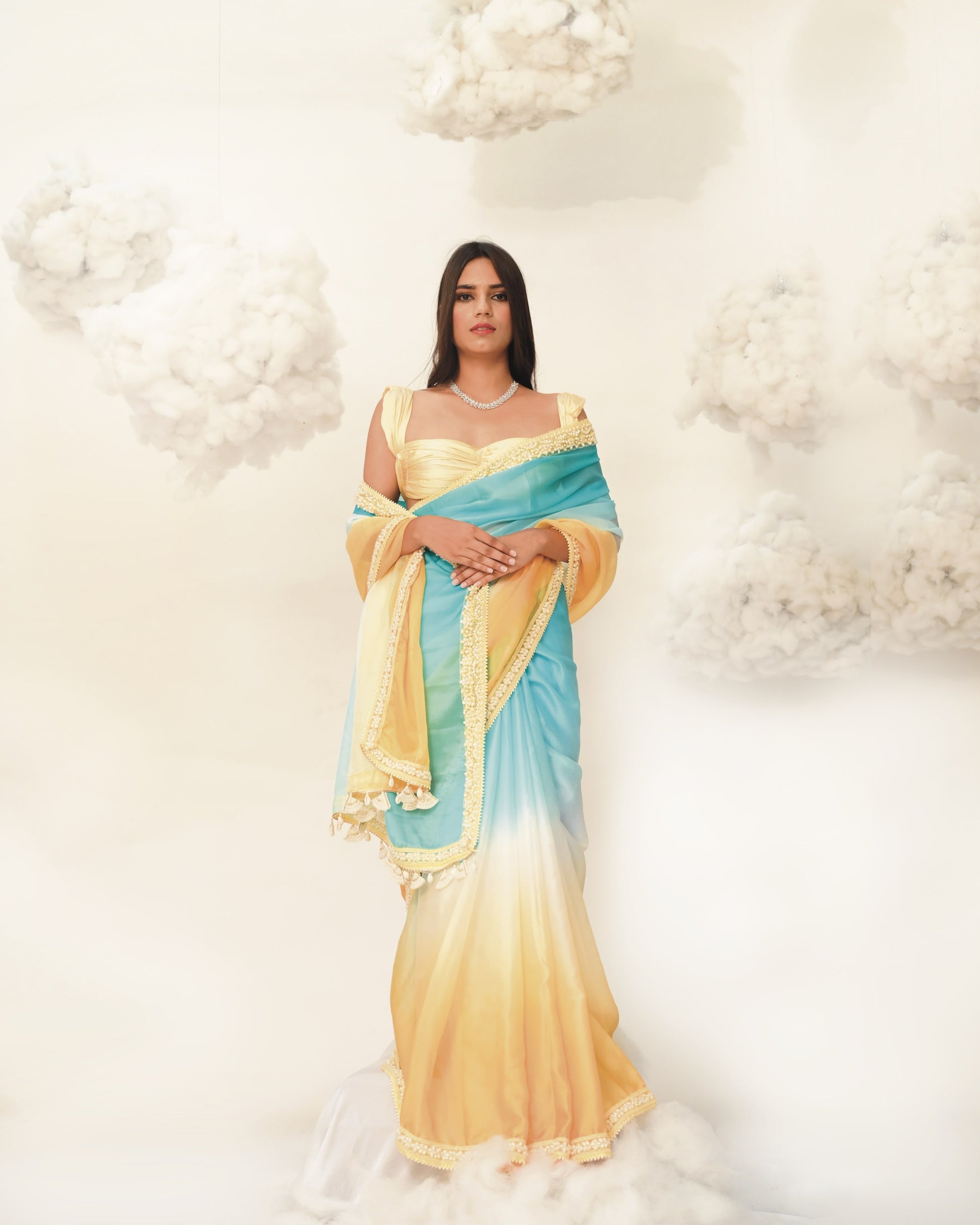 PURN PUSHP COTTON CANDY OMBRE YELLOW BLUE DIP DYE DESIGNER SAREE