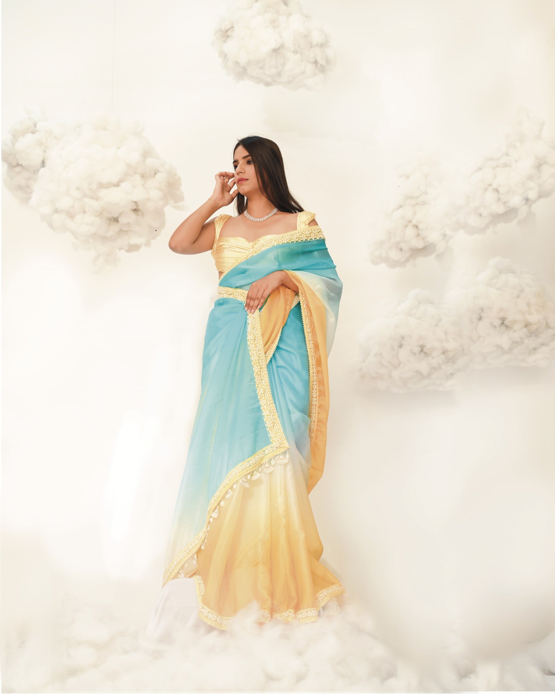 PURN PUSHP COTTON CANDY OMBRE YELLOW BLUE DIP DYE DESIGNER SAREE