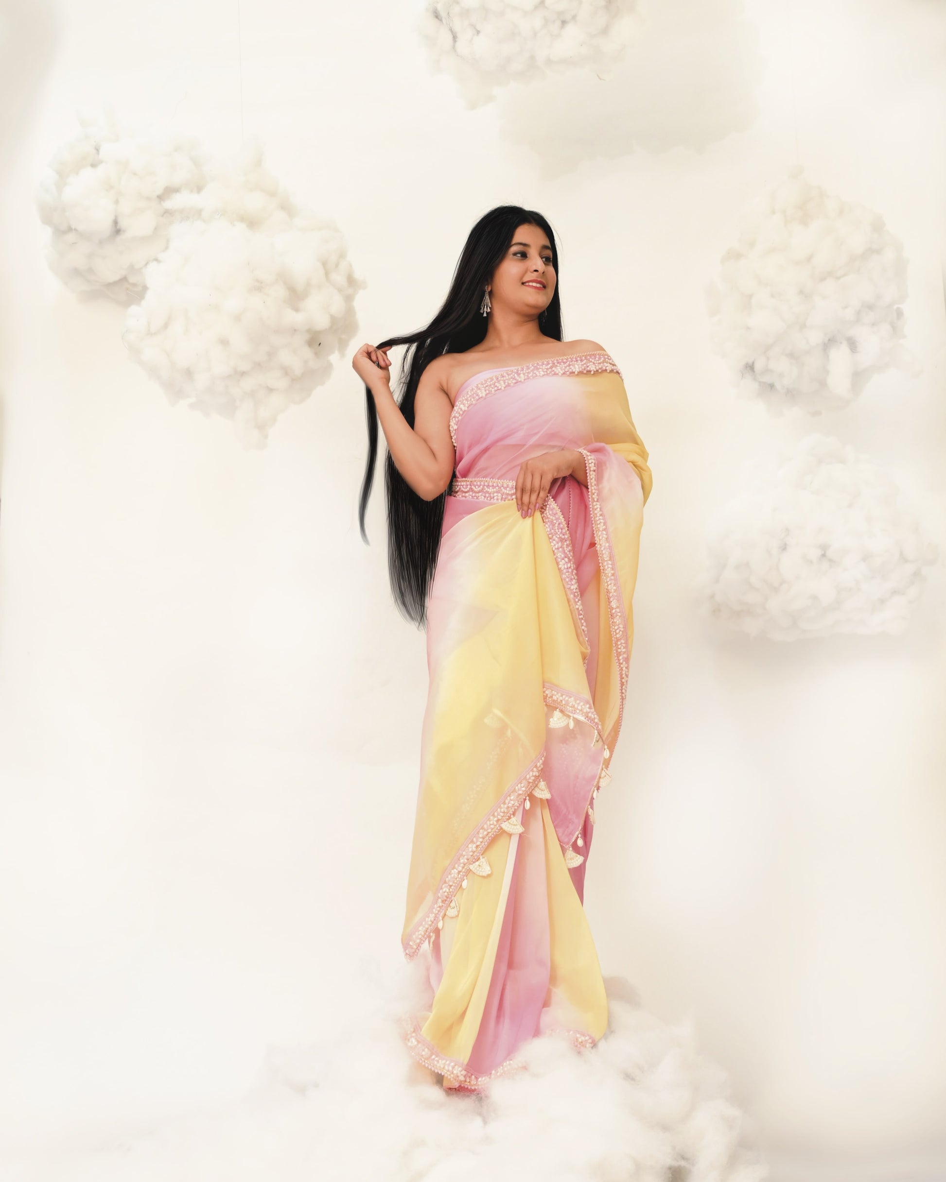 PURN PUSHP COTTON CANDY OMBRE YELLOW PINK LEHERIYA DYE DESIGNER SAREE