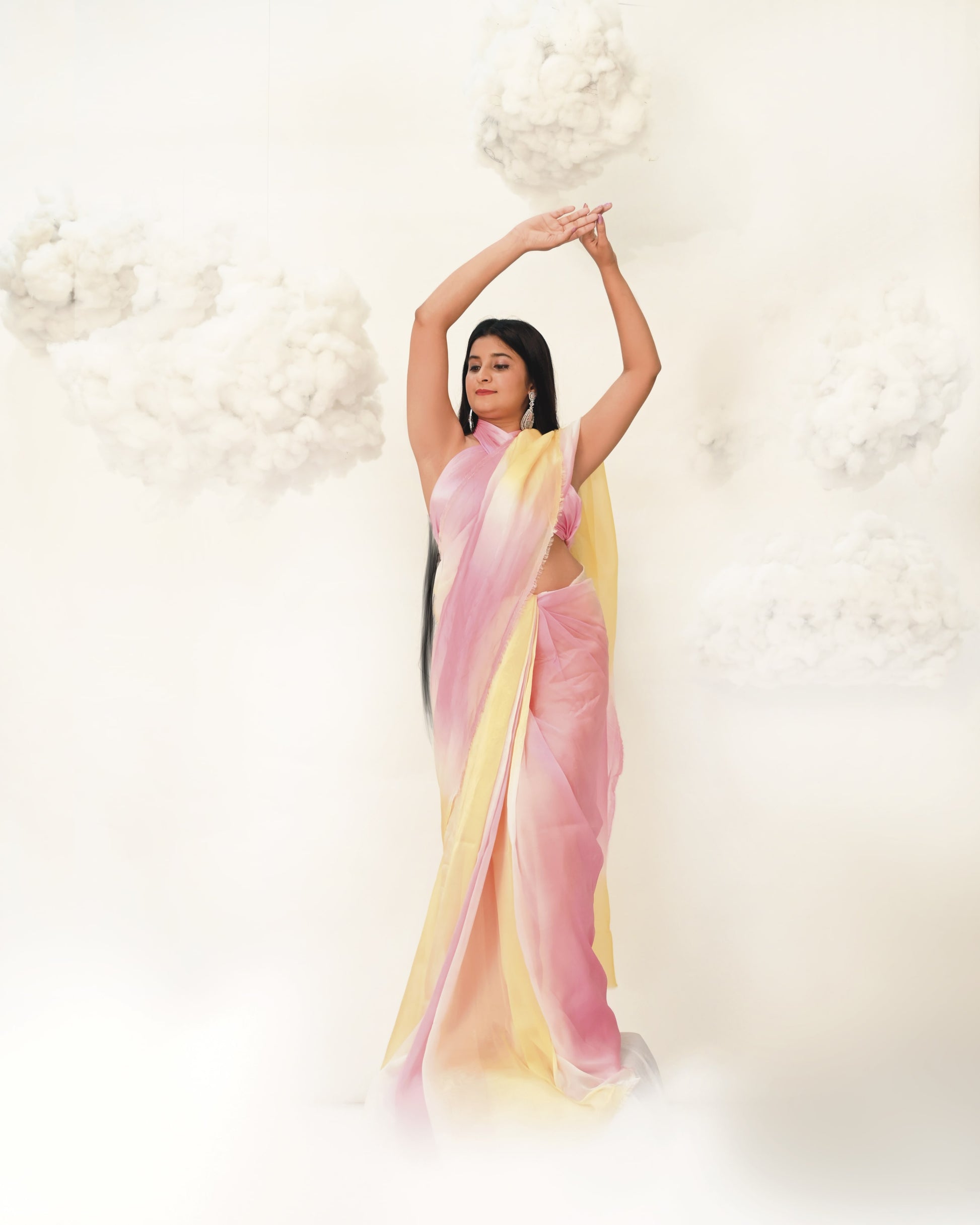 PURN PUSHP COTTON CANDY OMBRE YELLOW PINK LEHERIYA DYE DESIGNER SAREE