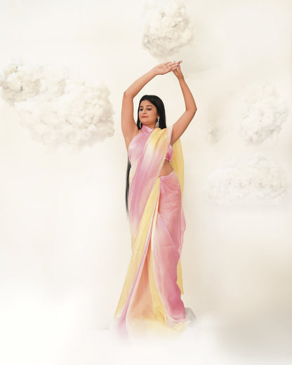 PURN PUSHP COTTON CANDY OMBRE YELLOW PINK LEHERIYA DYE DESIGNER SAREE