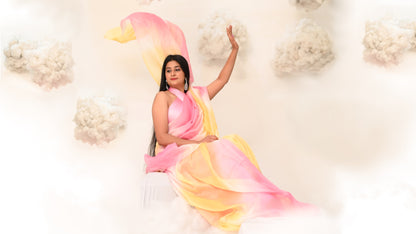 PURN PUSHP COTTON CANDY OMBRE YELLOW PINK LEHERIYA DYE DESIGNER SAREE